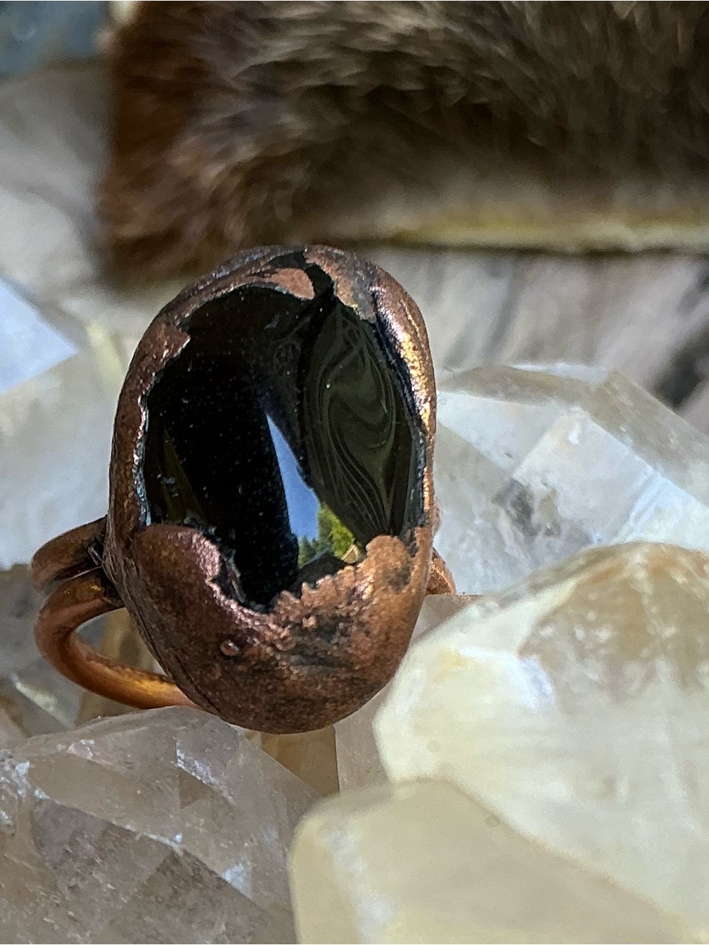 Black Obsidian Electroformed Copper Ring for Women - Rustic Handmade Style - Picture 2 of 7